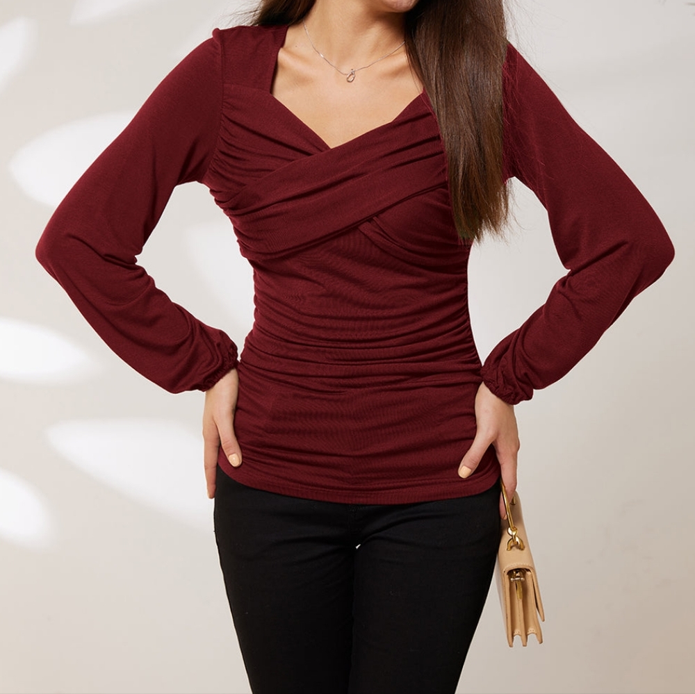 NWT Grace Karin Ruched Comfy Casual Long Sleeve Square V-Neck Top. Wine. Small